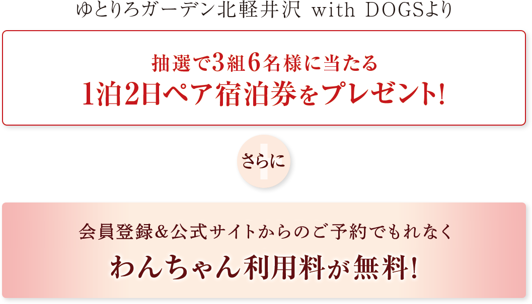 【ゆとりろガーデン北軽井沢 with DOGS】より抽選で3組6名様に当たる1泊2ペア宿泊券をプレゼント!さらに今なら会員登録でわんちゃん利用料が無料!