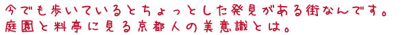 今でも歩いているとちょっとして発見がある街なんです。庭園と料亭に見る京都人の美意識とは。