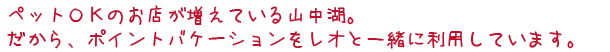 ペットＯＫのお店が増えている山中湖。だから、ポイントバケーションをレオと一緒に利用しています。